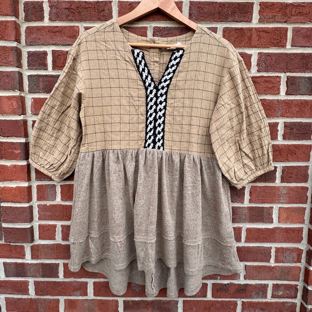 Oddy Tunic Top Womens Small Brown Textured Neutral Relaxed Fit Boho Peasant